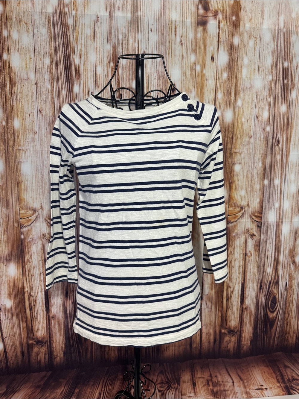 Joe Fresh Navy and White Striped Boatneck Top with Shoulder Buttons